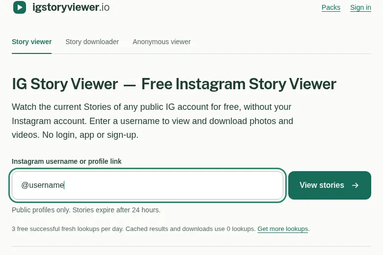igstoryviewer.io search box: enter a public Instagram username or profile link, then choose View stories